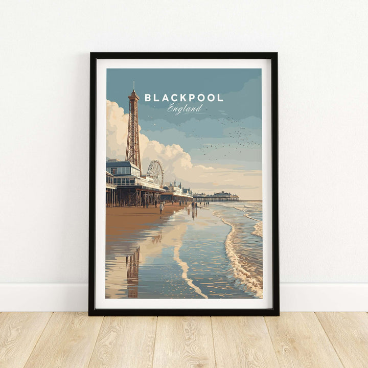 Blackpool Beach Fairground View Print | Lancashire Coastal Wall Art featuring the iconic Blackpool tower and seafront.