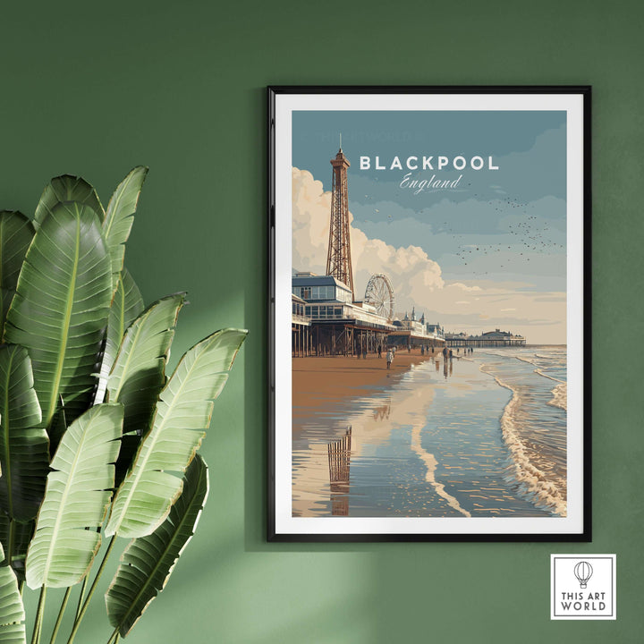 Blackpool Beach Fairground View Print | Lancashire Coastal Wall Art showcased in a stylish green room with a tropical plant.