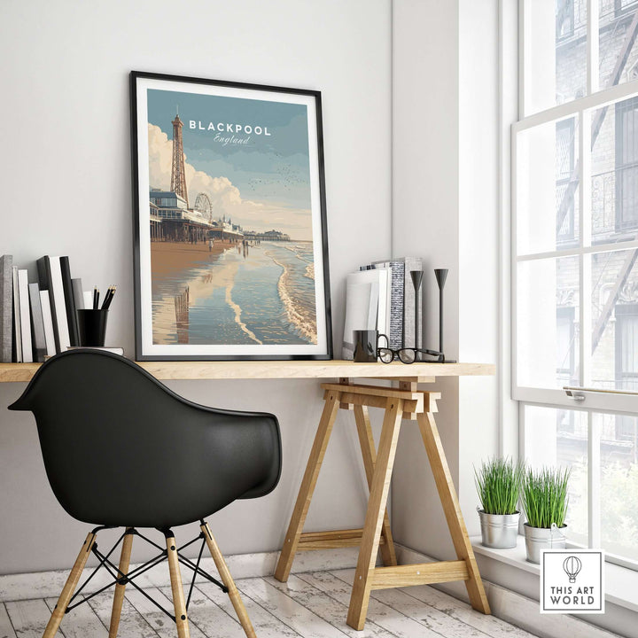 Blackpool Beach Fairground View Print | Lancashire Coastal Wall Art displayed in a modern interior setting with a desk.