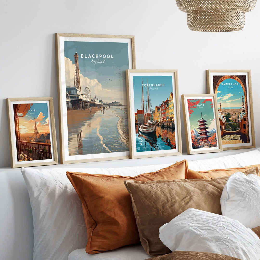 Blackpool Beach Fairground View Print | Lancashire Coastal Wall Art displayed with other city prints on beige wall