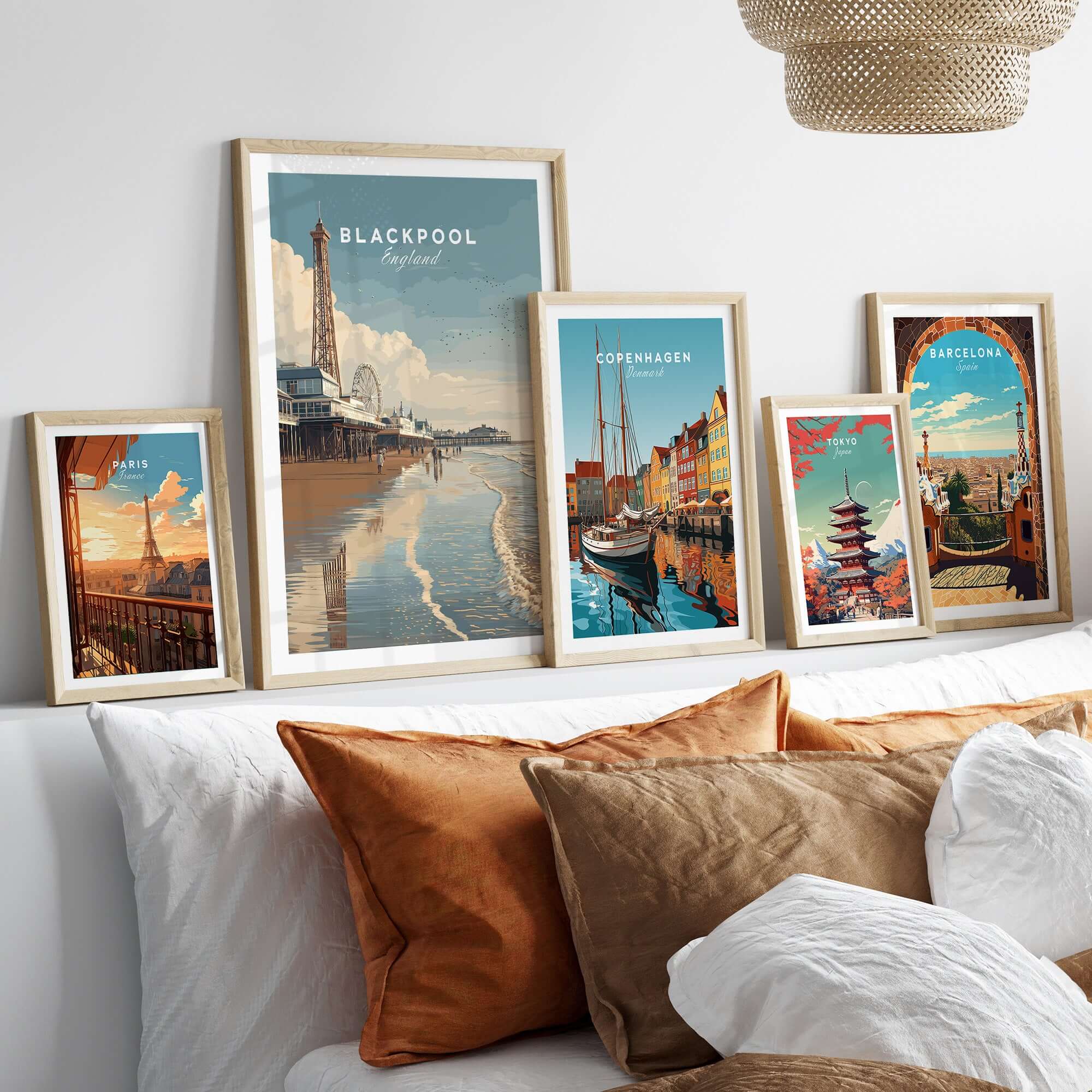Blackpool Beach Fairground View Print | Lancashire Coastal Wall Art displayed on a stylish wall with other city prints.