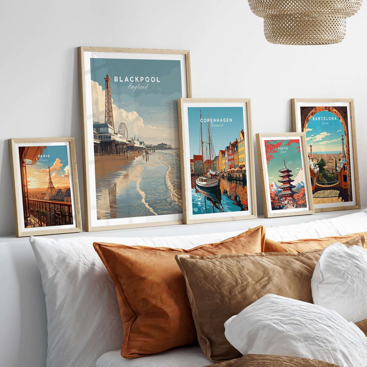 Blackpool Beach Fairground View Print | Lancashire Coastal Wall Art displayed with other city prints on beige wall