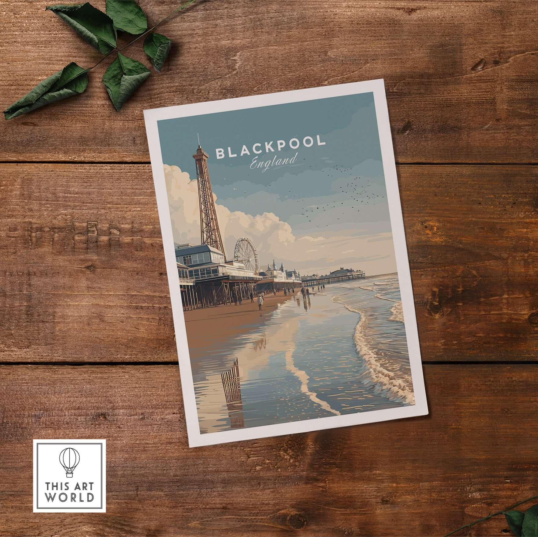Blackpool Beach Fairground View Print | Lancashire Coastal Wall Art displayed on wooden surface, capturing seaside vibes.