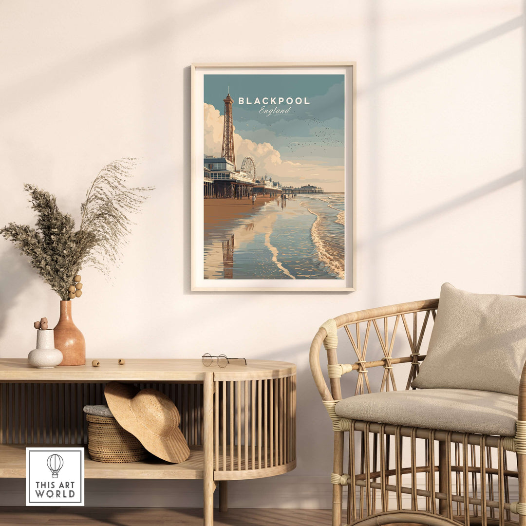 Blackpool Beach Fairground View Print | Lancashire Coastal Wall Art displayed in a stylish living room interior.