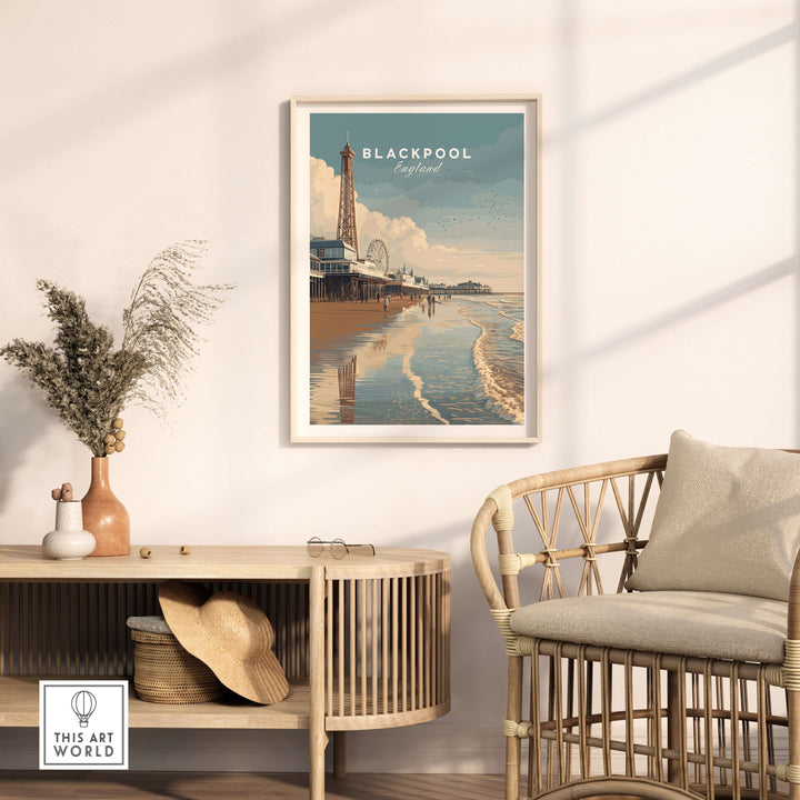 Blackpool Beach Fairground View Print | Lancashire Coastal Wall Art displayed in a stylish living room interior.