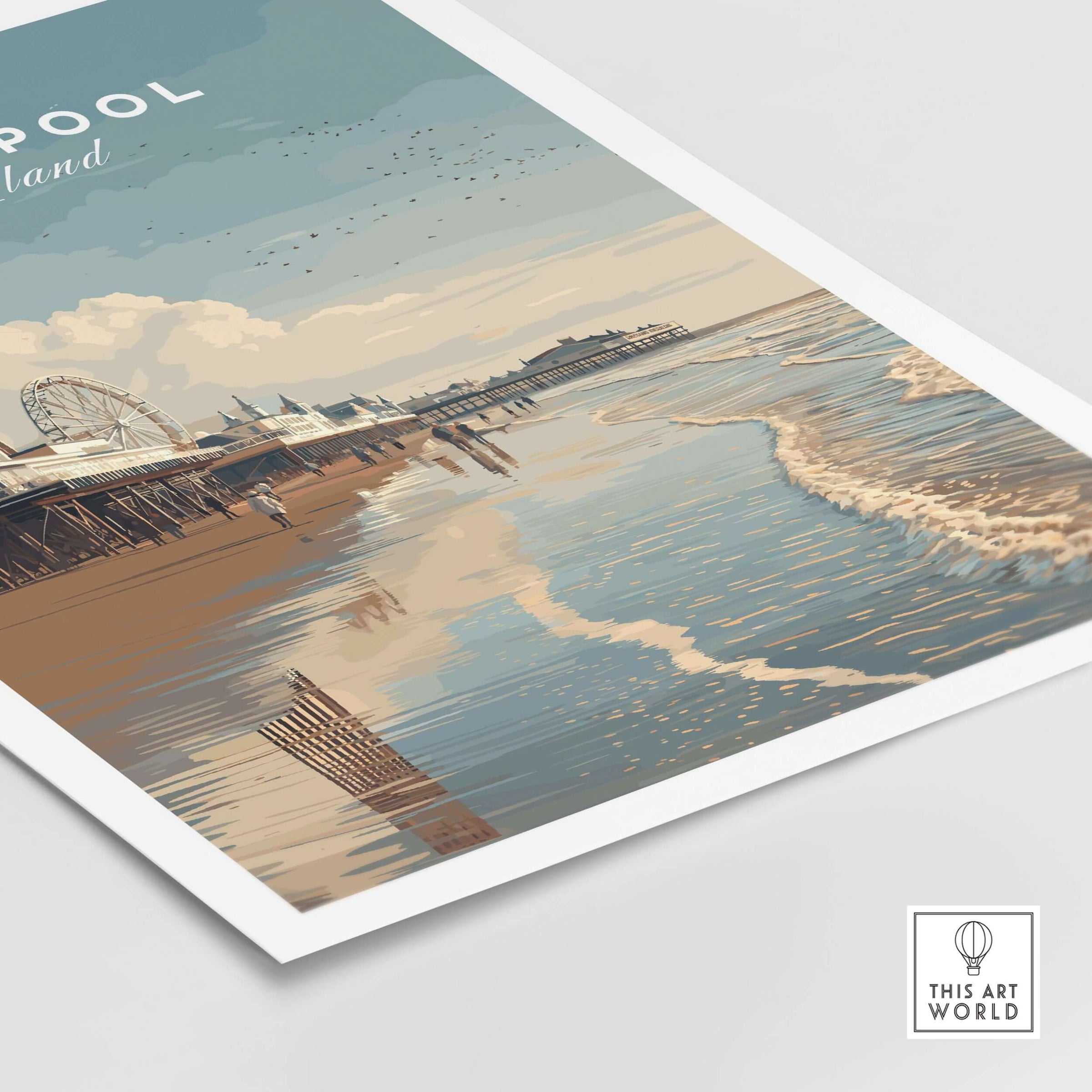 Blackpool Beach Fairground View Print | Lancashire Coastal Wall Art, depicting the lively shoreline and amusement park.