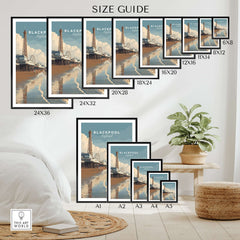 Blackpool Beach Fairground View Print | Lancashire Coastal Wall Art size guide displaying various frame options.