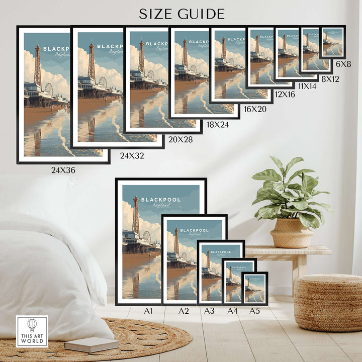 Blackpool Beach Fairground View Print | Lancashire Coastal Wall Art size guide with framed options in a home setting.