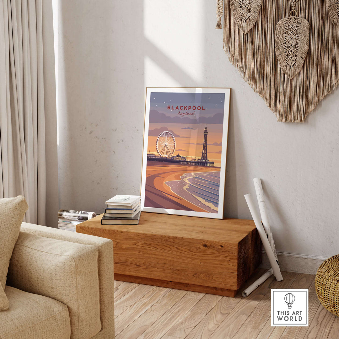 Blackpool Print | UK Coastal Wall Decor showcasing seaside scenery and iconic landmarks in a cozy interior setting.