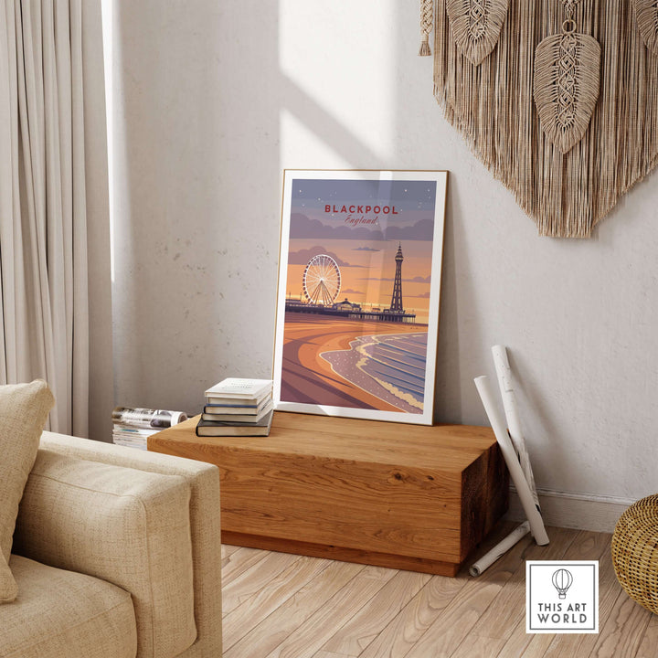 Blackpool Print | UK Coastal Wall Decor showcasing seaside scenery and iconic landmarks in a cozy interior setting.