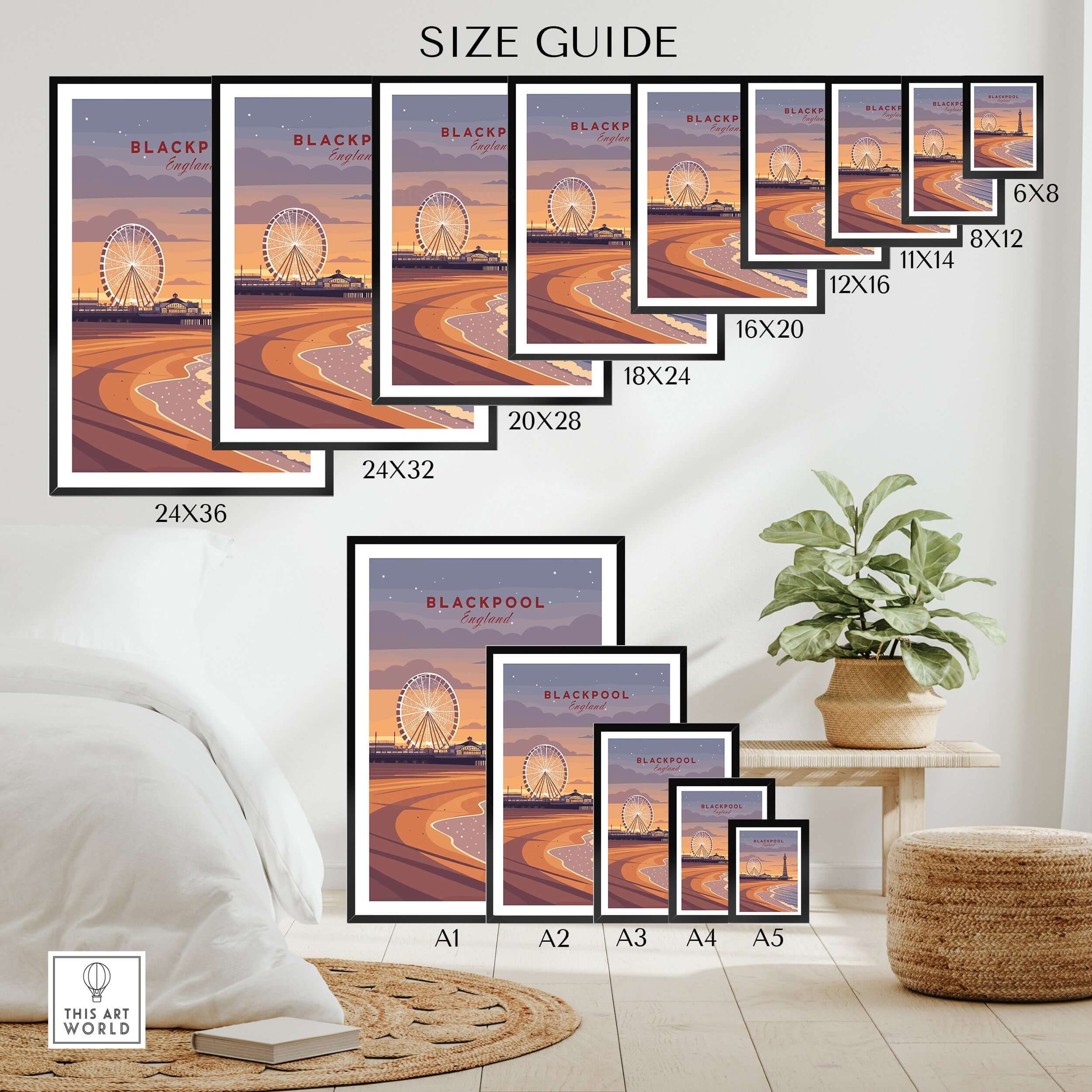 Blackpool Print | UK Coastal Wall Decor size guide showing various frame sizes and dimensions.