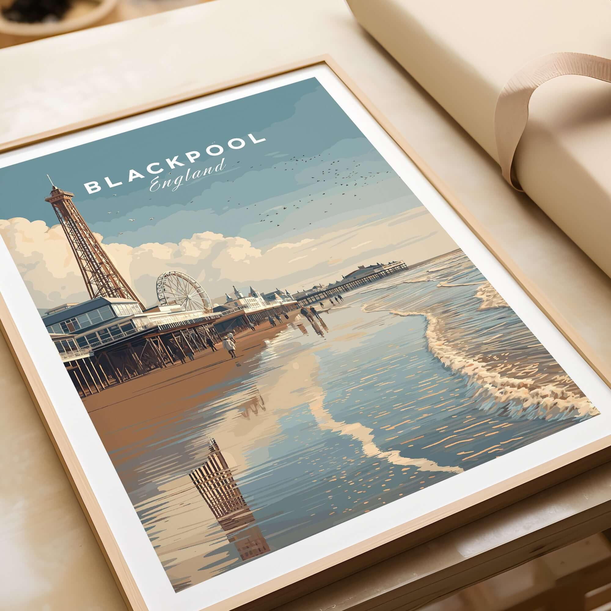 Blackpool Beach Fairground View Print | Lancashire Coastal Wall Art displayed in a stylish frame on a table.