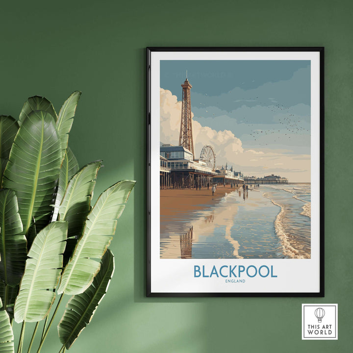 Blackpool England Pier and Tower Art Print | UK Seaside Beach Poster displayed on a wall with green leaves.