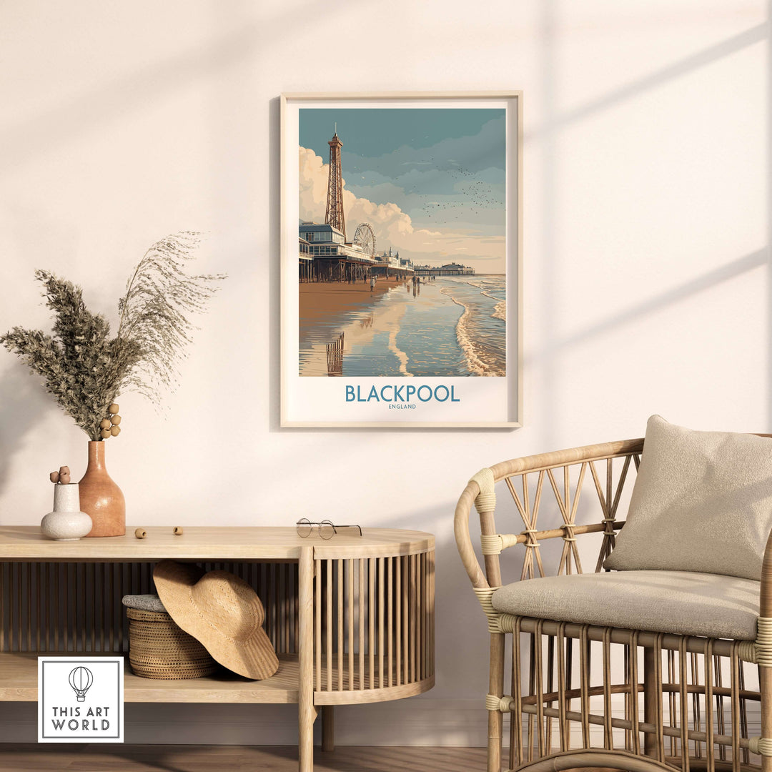 Blackpool England Pier and Tower Art Print | UK Seaside Beach Poster displayed in a stylish interior setting.
