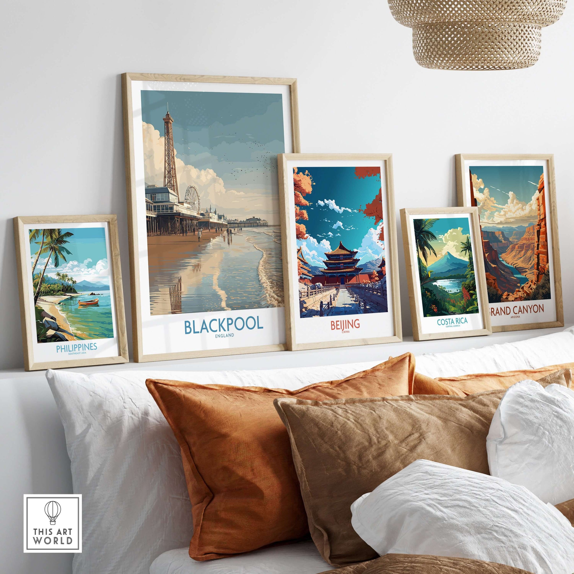Blackpool England Pier and Tower Art Print | UK Seaside Beach Poster displayed in a stylish gallery wall setting.