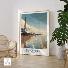 Blackpool England Pier and Tower Art Print | UK Seaside Beach Poster displayed in a cozy room with plants and modern decor.