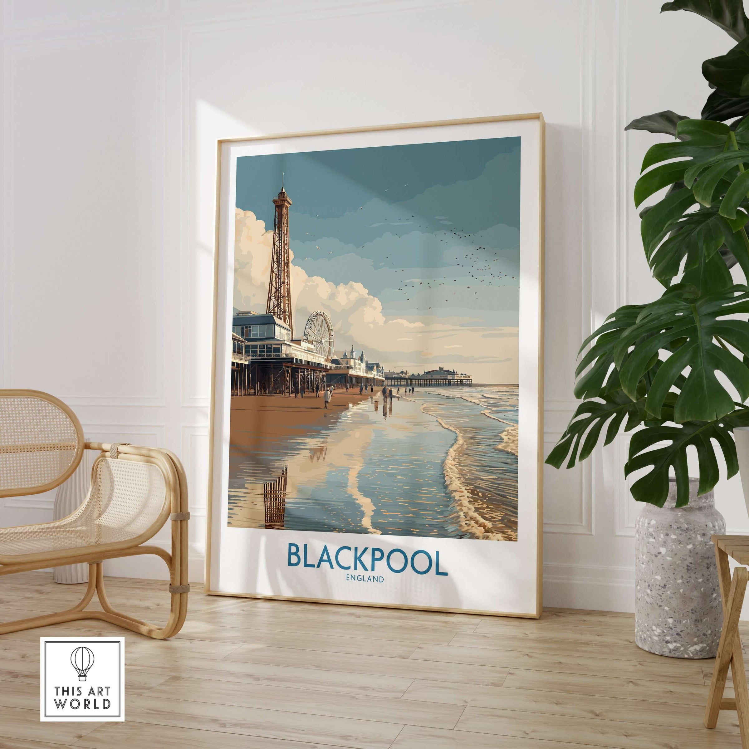 Blackpool England Pier and Tower Art Print | UK Seaside Beach Poster displayed in a cozy room with plants and modern decor.