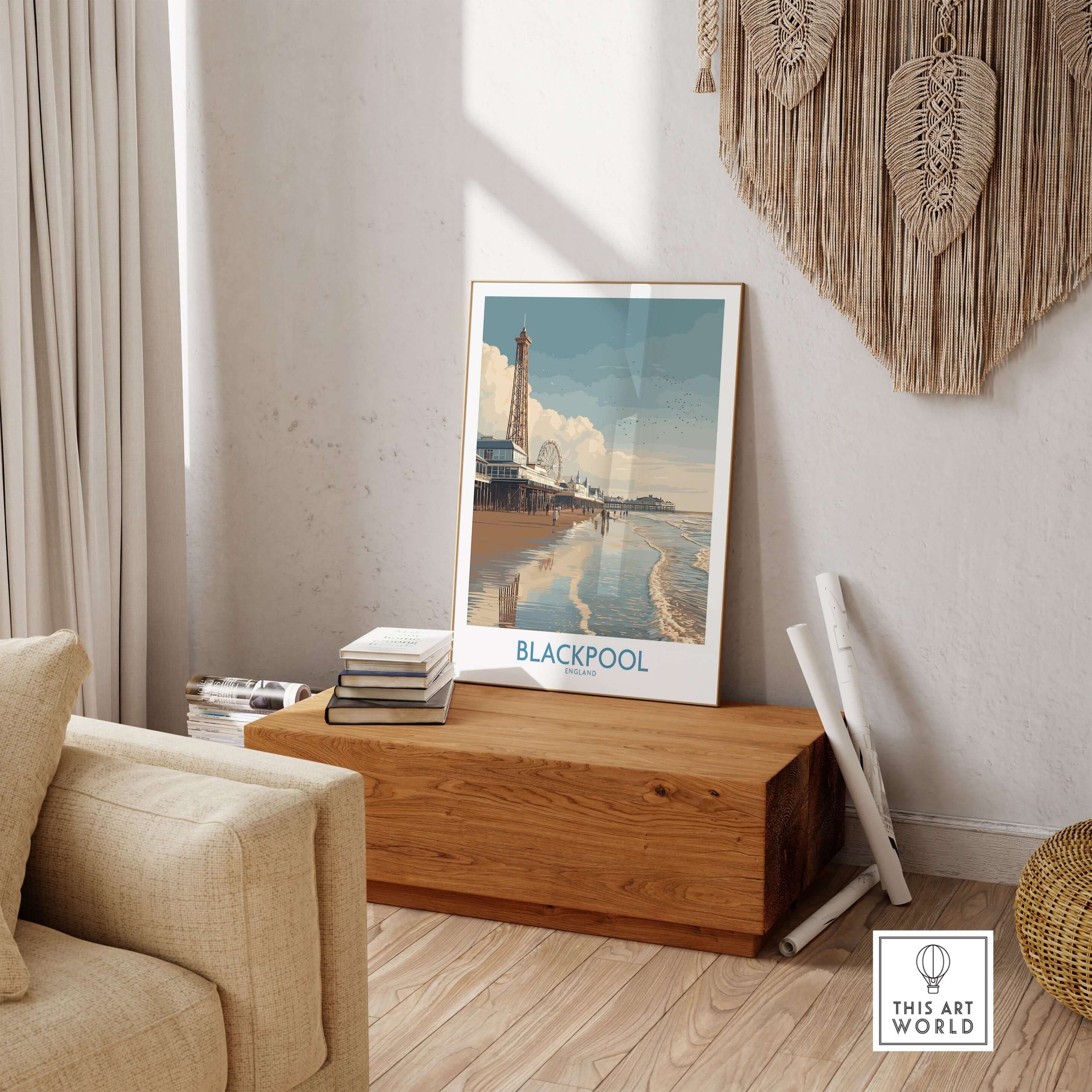 Blackpool England Pier and Tower Art Print | UK Seaside Beach Poster displayed in a cozy living room.