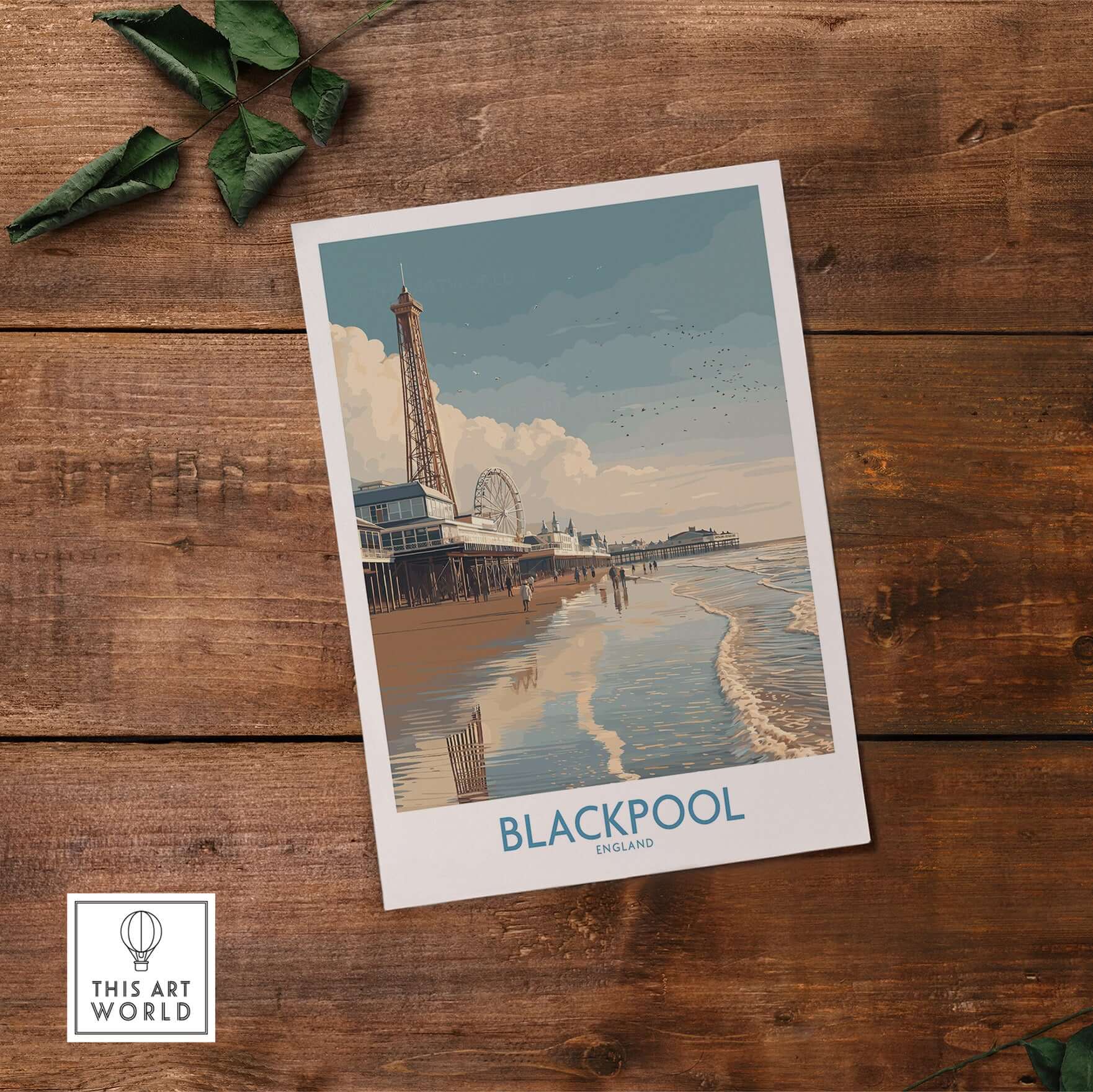 Blackpool England Pier and Tower Art Print | UK Seaside Beach Poster on wooden surface.