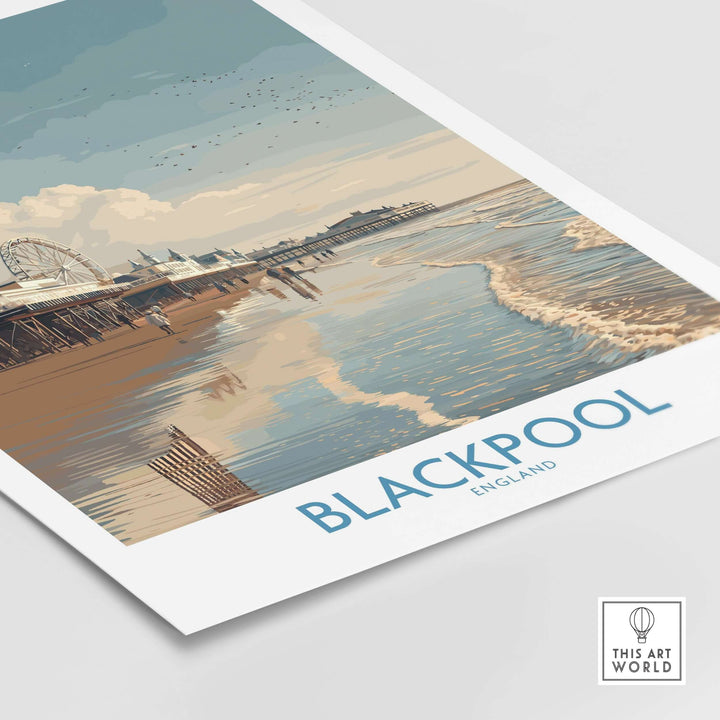 Blackpool England Pier and Tower Art Print | UK Seaside Beach Poster showcasing the famous pier and sandy beach.