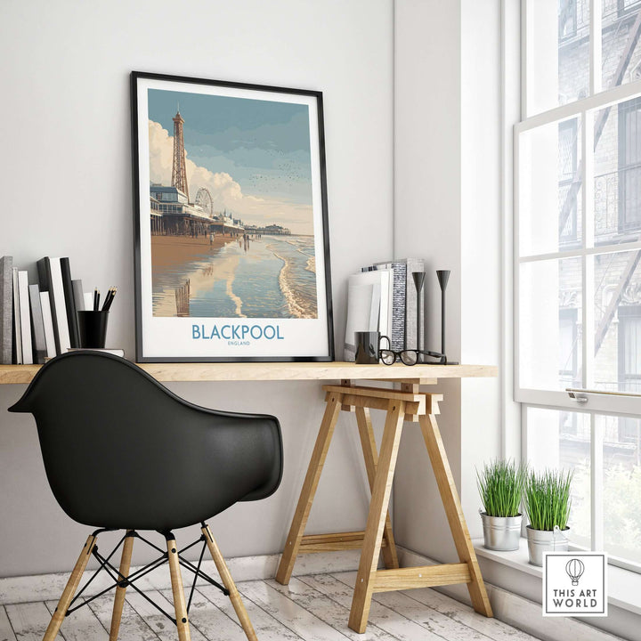 Blackpool England Pier and Tower Art Print | UK Seaside Beach Poster displayed in a stylish home office setting.