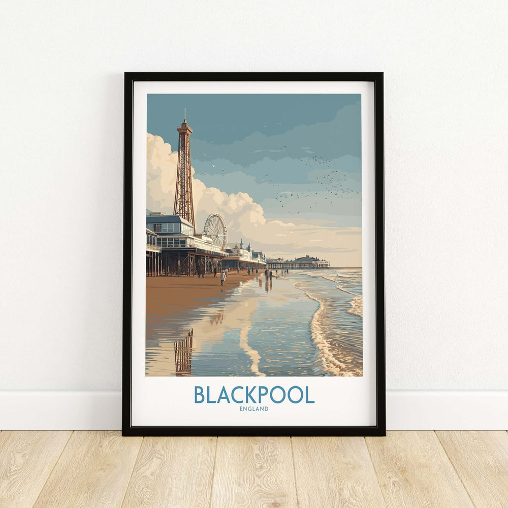 Blackpool England Pier and Tower Art Print | UK Seaside Beach Poster displayed in a modern frame on a wooden floor.
