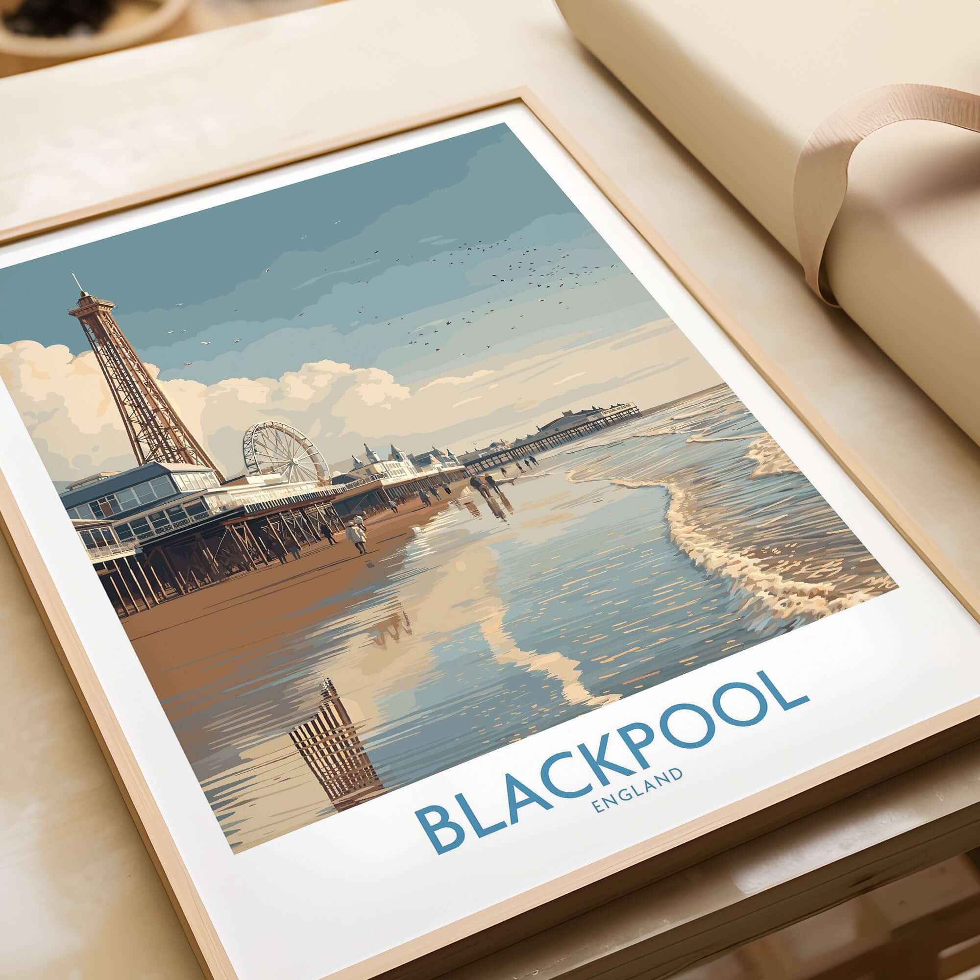 Blackpool England Pier and Tower Art Print | UK Seaside Beach Poster displayed in a stylish frame.
