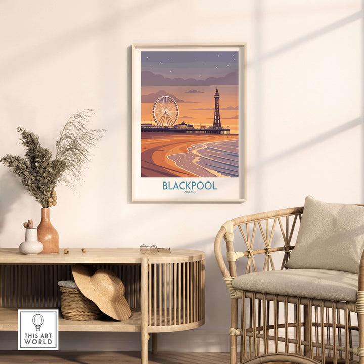 Blackpool England Tower and Wheel Art Print | Sunset Beach Resort Poster displayed in a cozy living room setting.