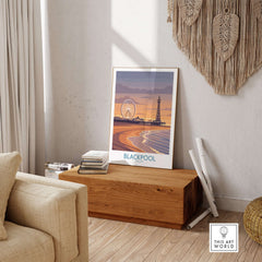 Blackpool England Tower and Wheel Art Print | Sunset Beach Resort Poster displayed in a stylish living room.