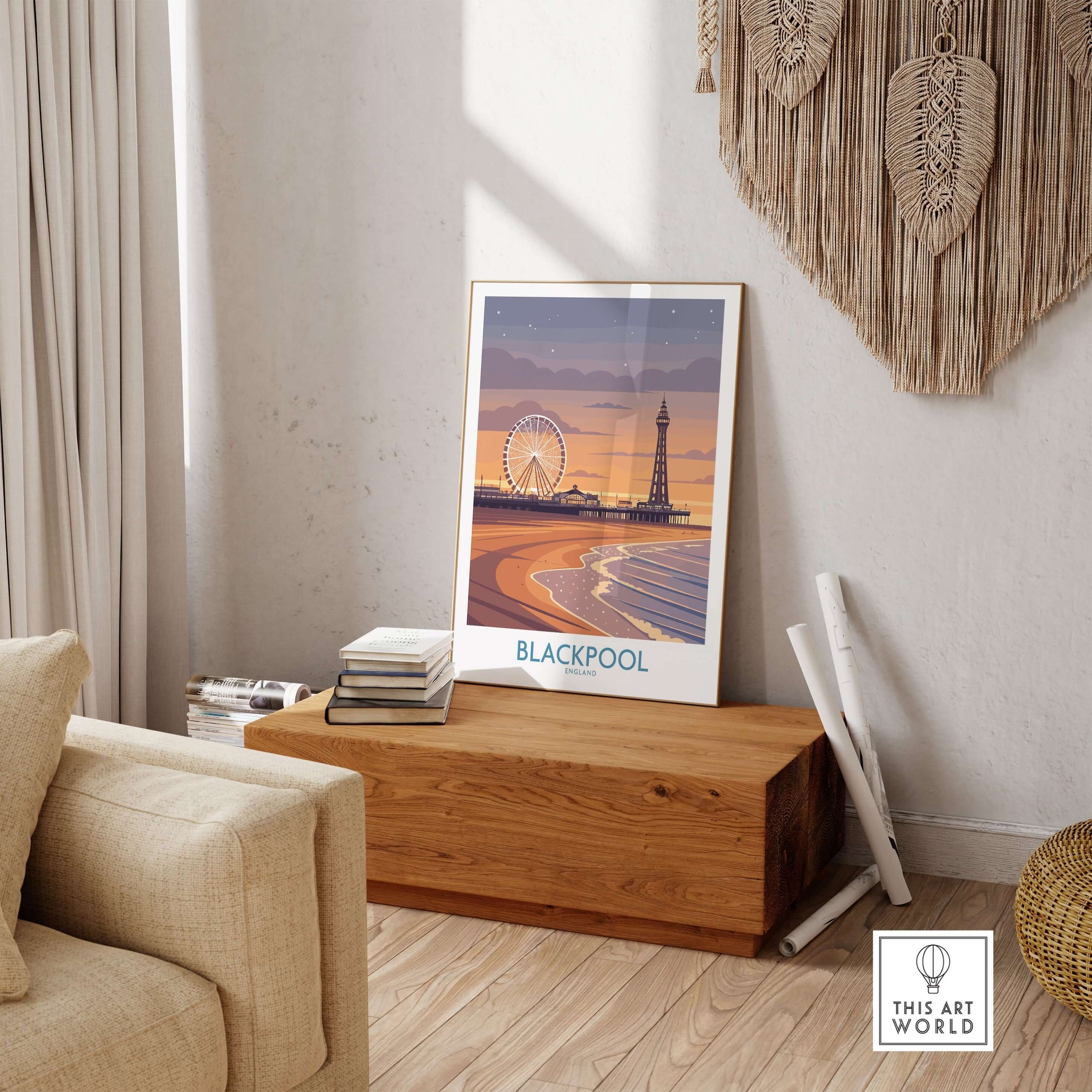 Blackpool England Tower and Wheel Art Print | Sunset Beach Resort Poster displayed in a stylish living room.