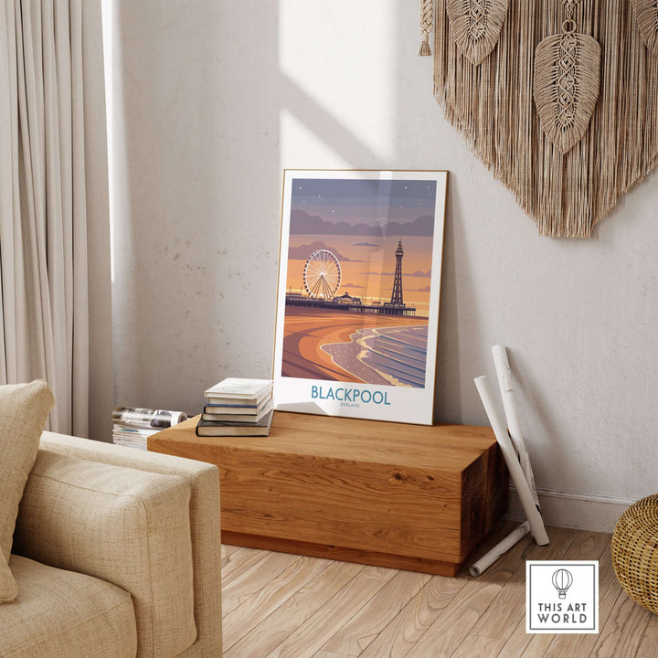 Blackpool England Tower and Wheel Art Print | Sunset Beach Resort Poster showcased in a cozy living room setting.