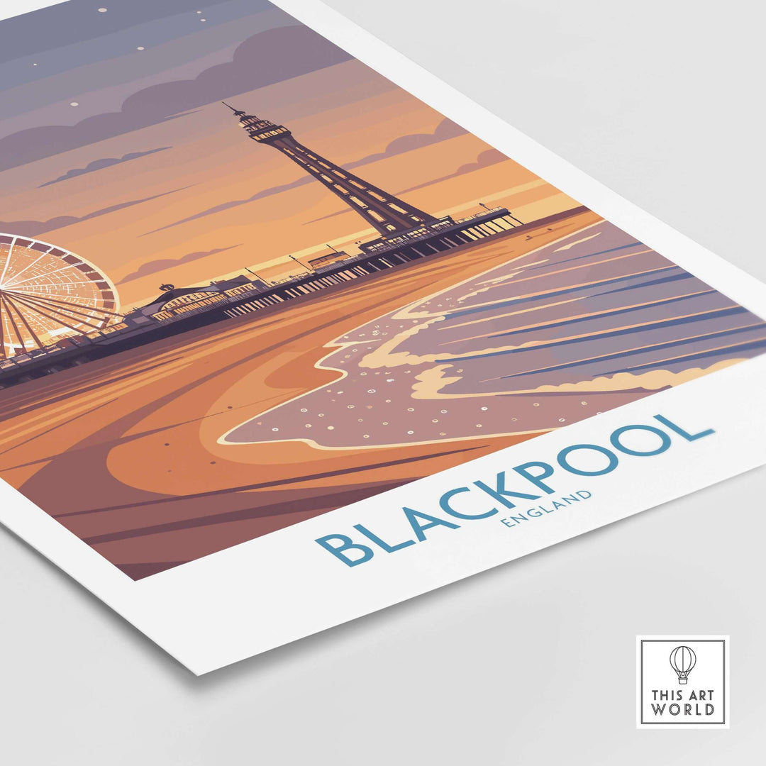 Blackpool England Tower and Wheel Art Print | Sunset Beach Resort Poster featuring the iconic skyline and sandy beach.