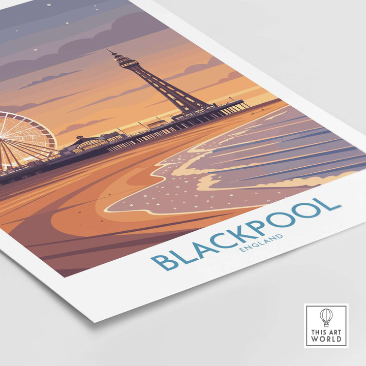 Blackpool England Tower and Wheel Art Print | Sunset Beach Resort Poster featuring the iconic skyline and sandy beach.