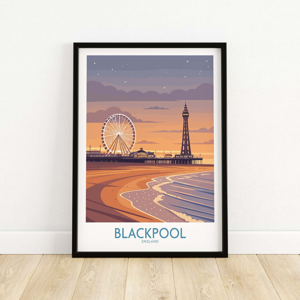 Blackpool England Tower and Wheel Art Print | Sunset Beach Resort Poster showcasing sunset over the beach and iconic landmarks.