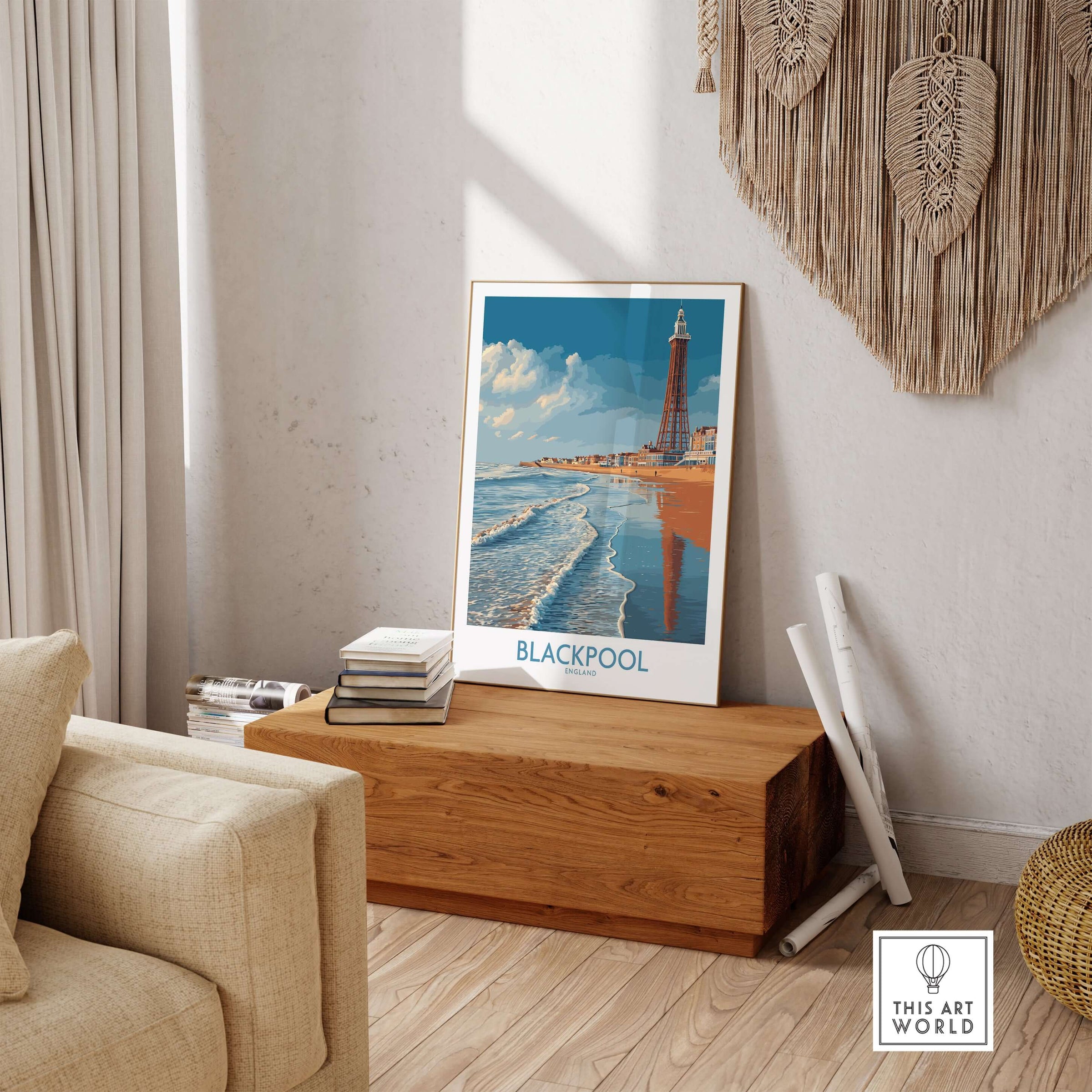 Blackpool England Tower Seascape Art Print | Beach Travel Poster displayed in a cozy living room setting.