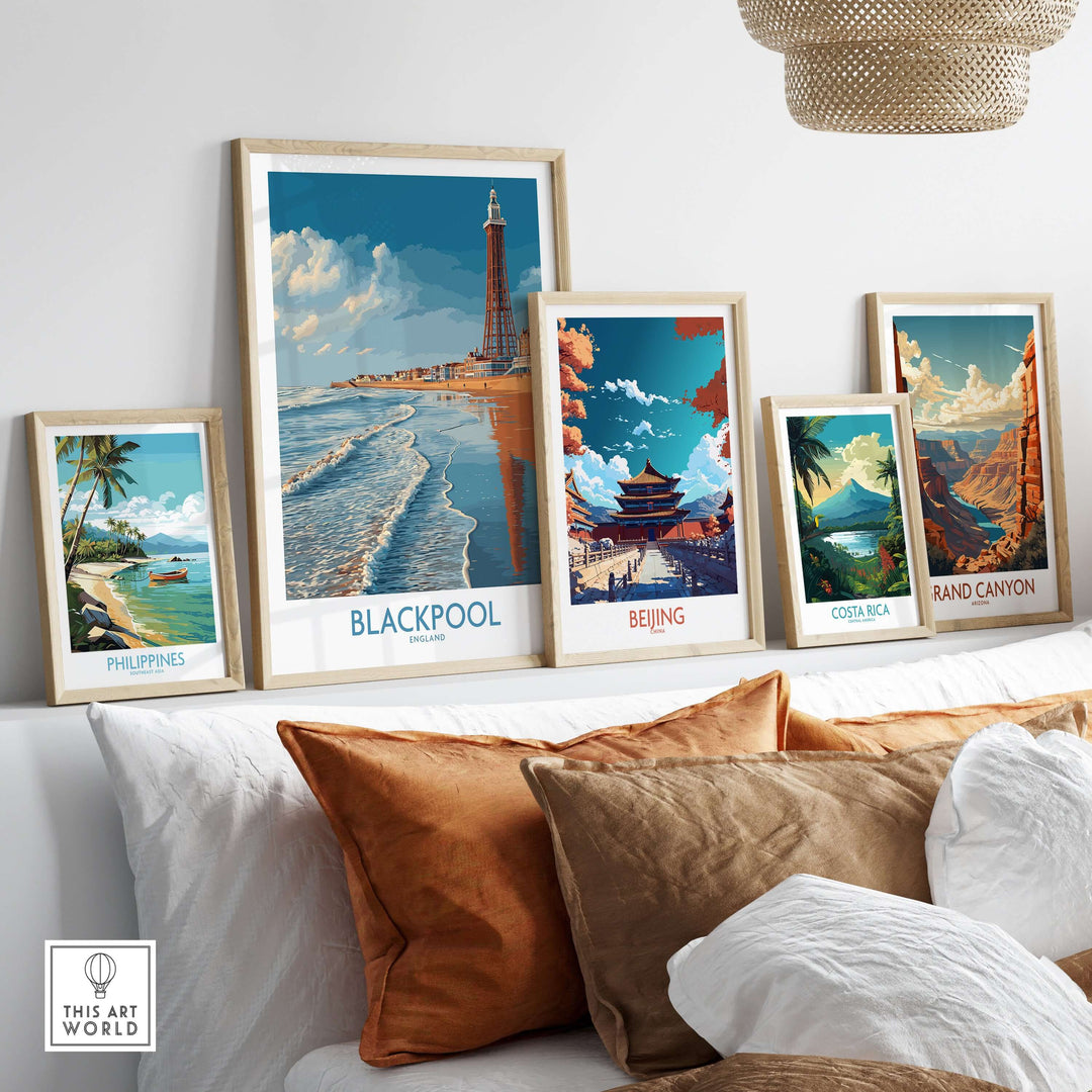 Blackpool England Tower Seascape Art Print | Beach Travel Poster displayed among other travel art prints.