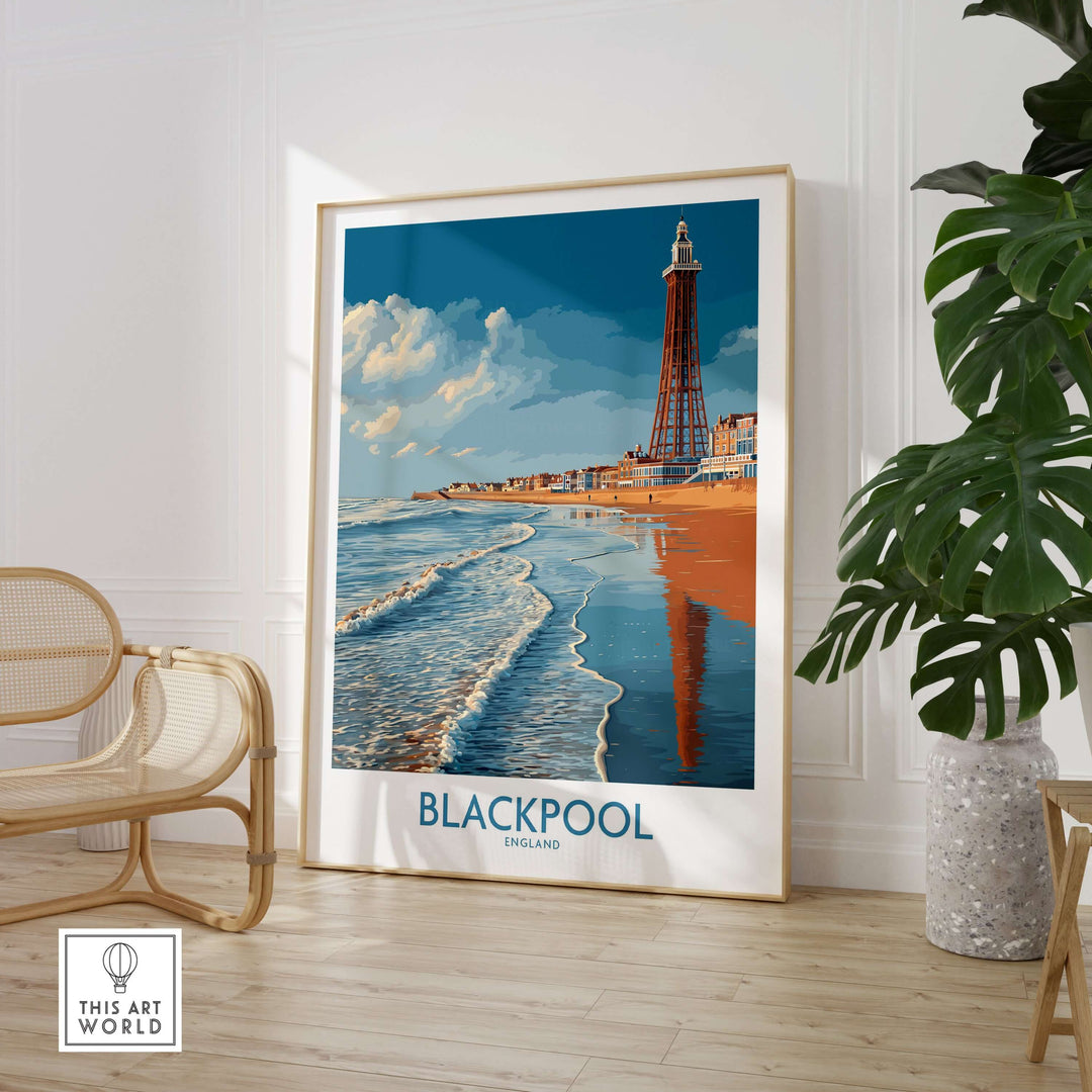 Blackpool England Tower Seascape Art Print | Beach Travel Poster displayed in a modern room with coastal decor.
