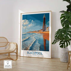 Blackpool England Tower Seascape Art Print | Beach Travel Poster displayed in a stylish interior with coastal decor.