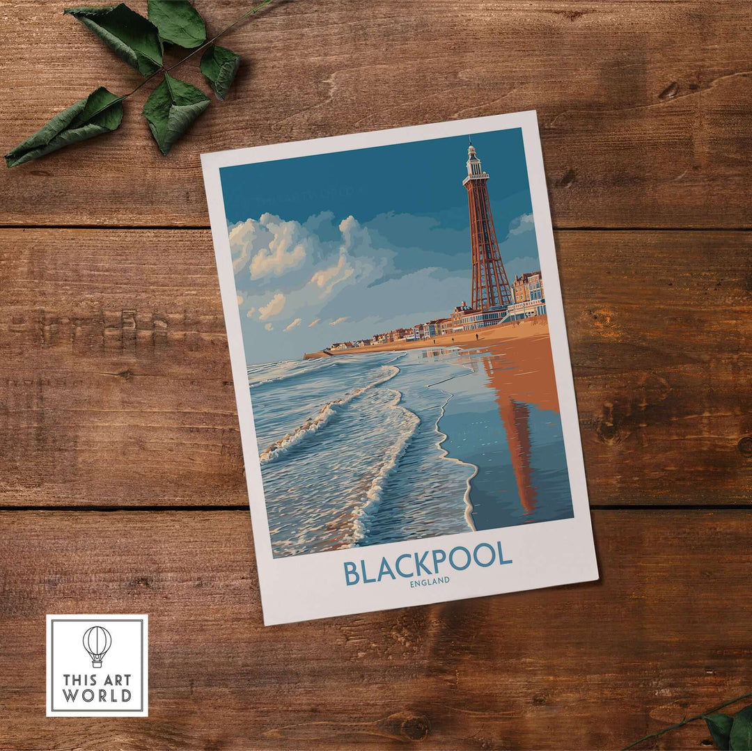 Blackpool England Tower Seascape Art Print | Beach Travel Poster displayed on wooden surface with foliage.