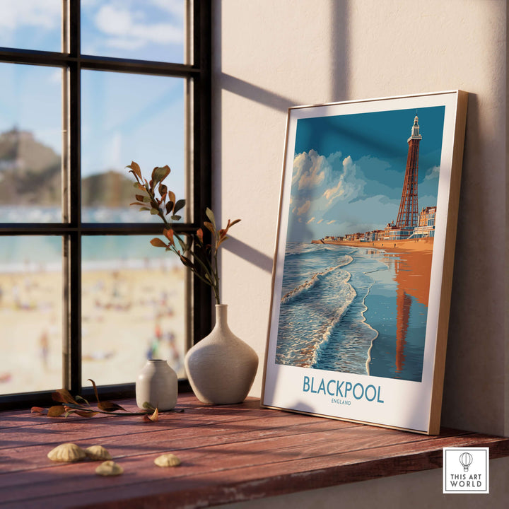 Blackpool England Tower Seascape Art Print | Beach Travel Poster displayed in a sunny room with a coastal view.