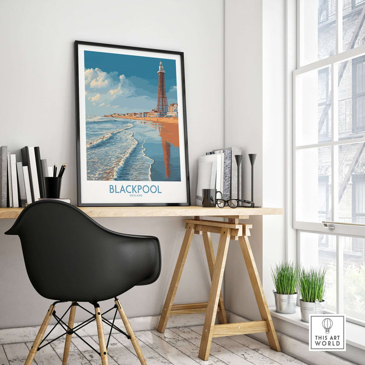 Blackpool England Tower Seascape Art Print | Beach Travel Poster displayed in stylish office decor.