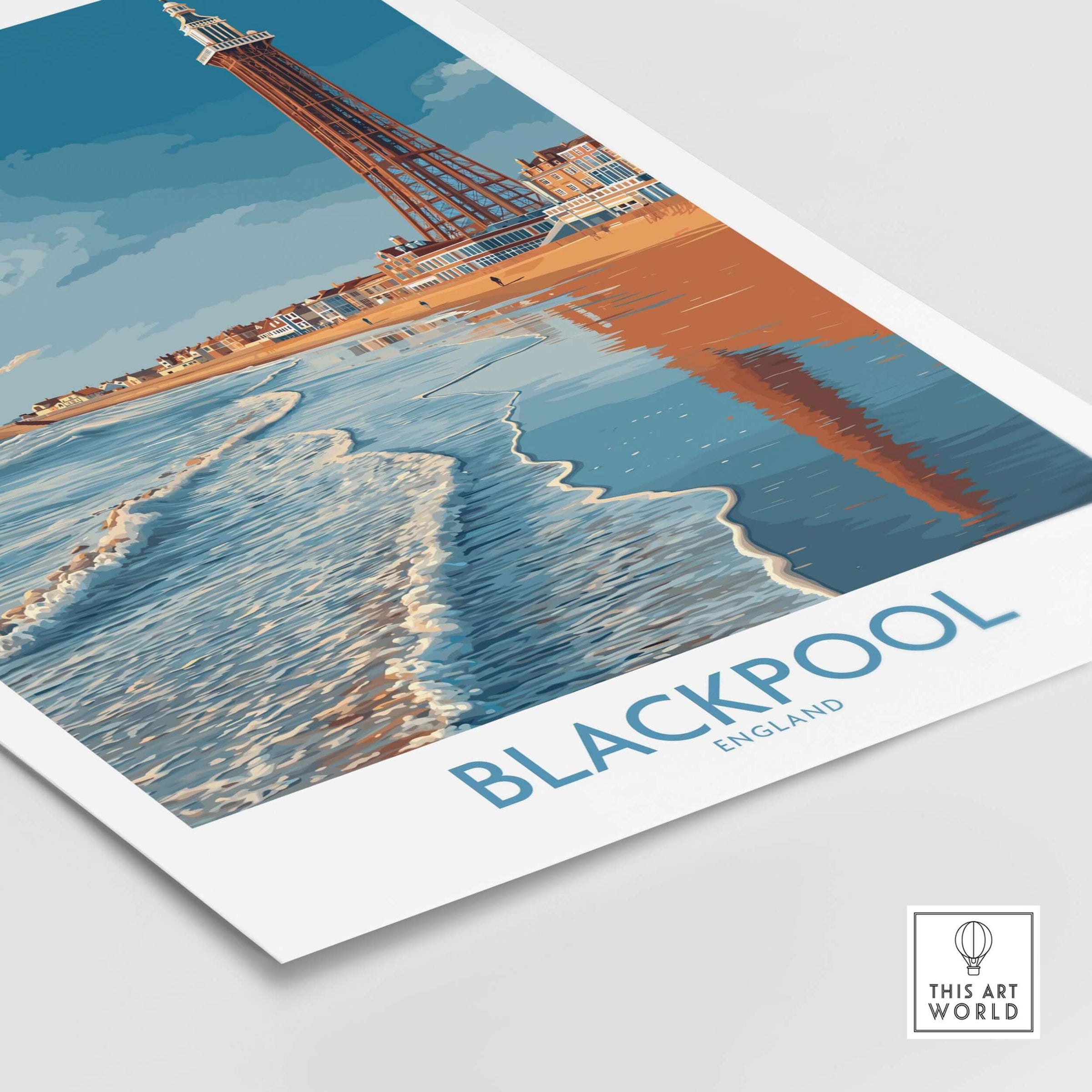 Blackpool England Tower Seascape Art Print | Beach Travel Poster capturing waves and the famous tower.