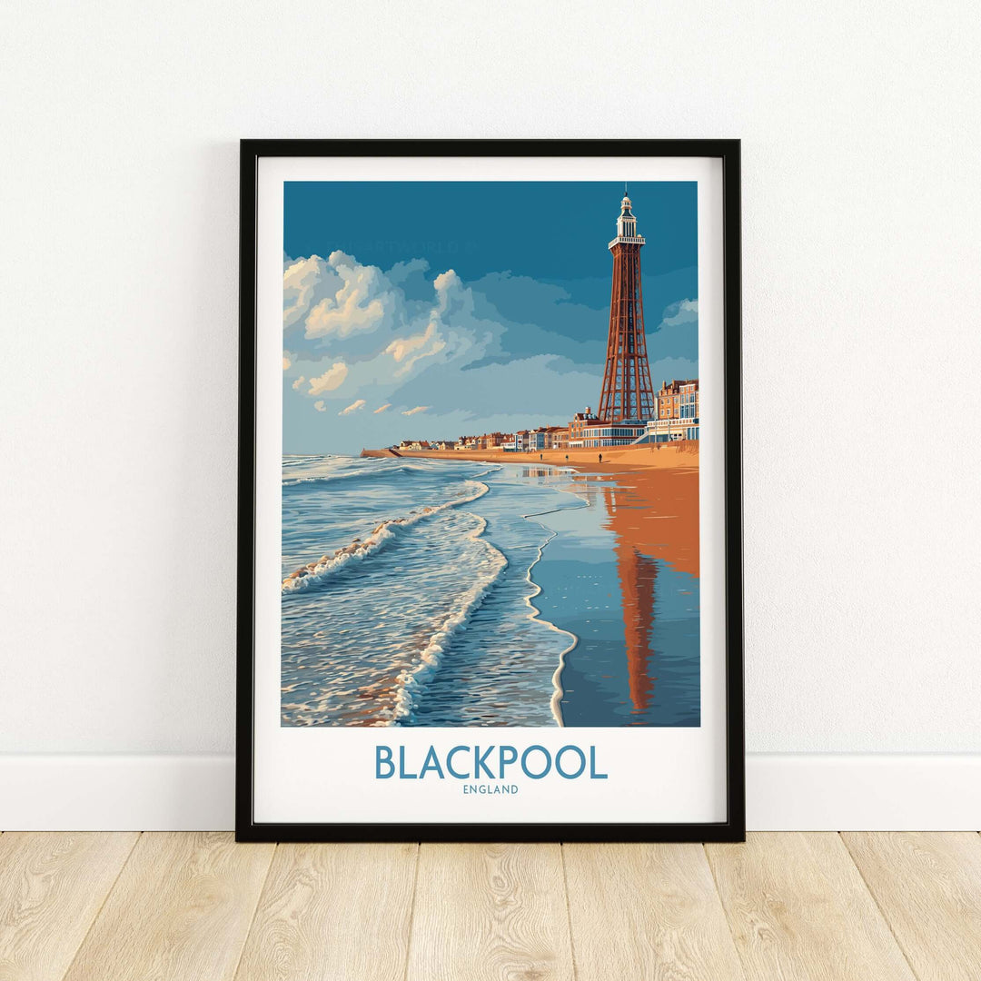 Blackpool England Tower Seascape Art Print | Beach Travel Poster showcasing a vibrant coastal scene with the famous tower.