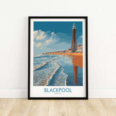 Blackpool England Tower Seascape Art Print | Beach Travel Poster framed on wall with waves in foreground.