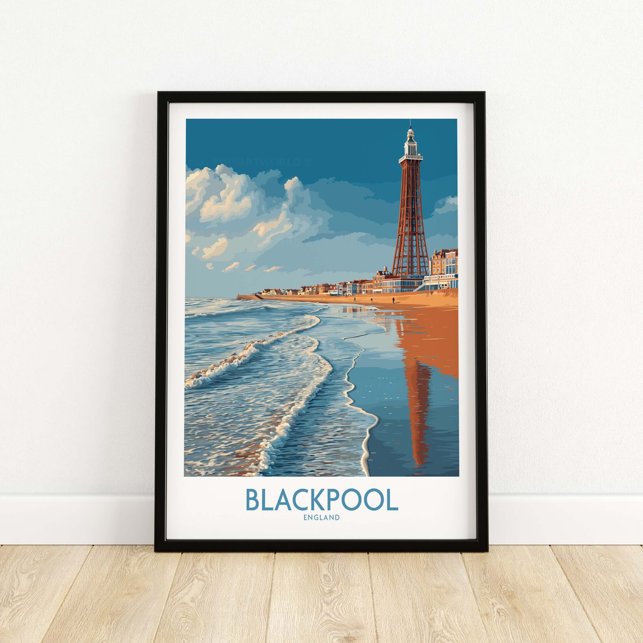 Blackpool England Tower Seascape Art Print | Beach Travel Poster framed on wall with waves in foreground.