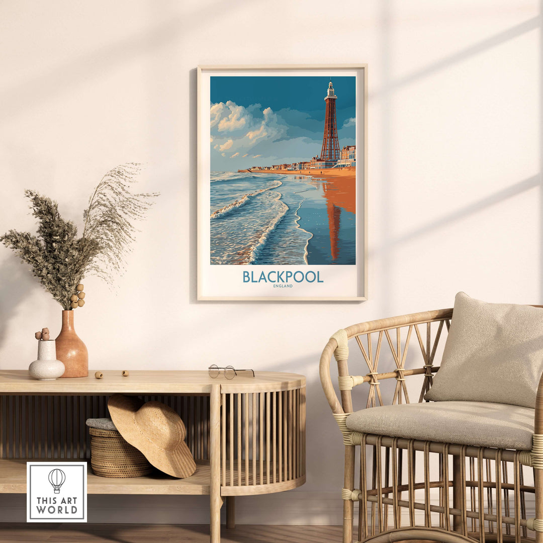 Blackpool England Tower Seascape Art Print | Beach Travel Poster framed in a stylish room with coastal decor.