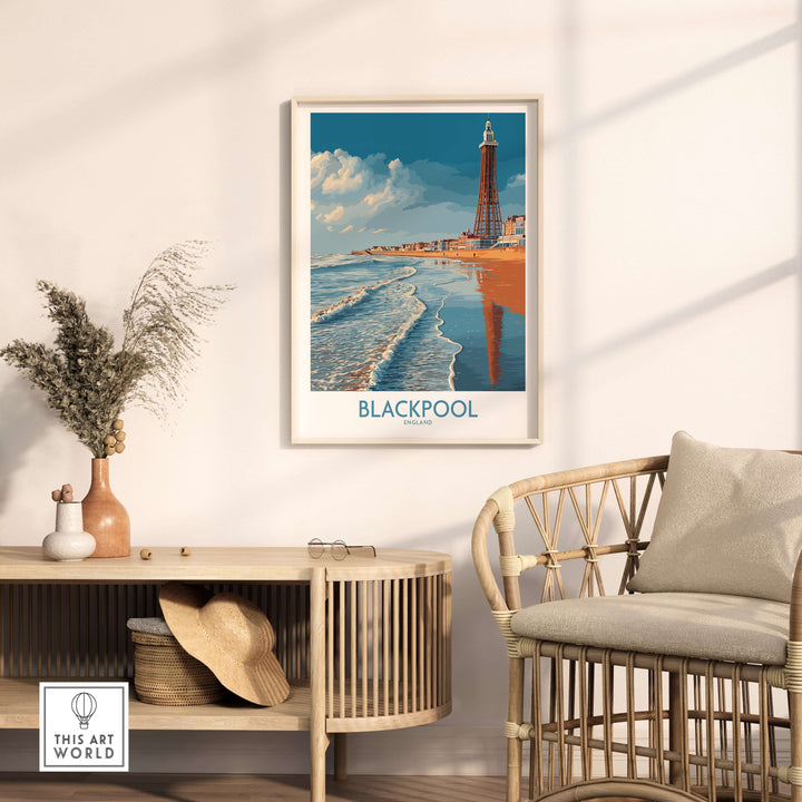 Blackpool England Tower Seascape Art Print | Beach Travel Poster framed in a stylish room with coastal decor.