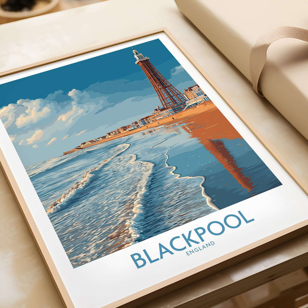 Blackpool England Tower Seascape Art Print | Beach Travel Poster featuring the iconic tower and serene seascape.