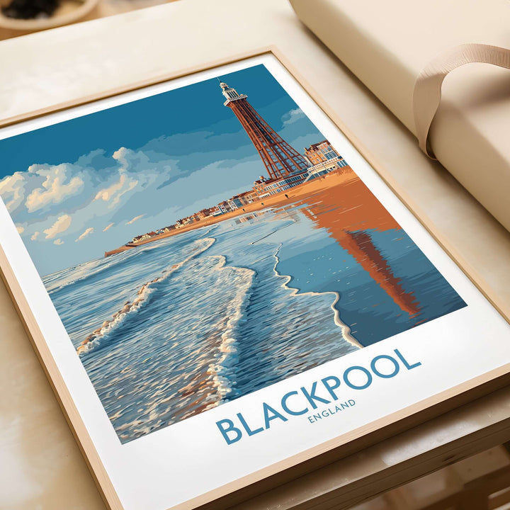 Blackpool England Tower Seascape Art Print | Beach Travel Poster featuring the iconic tower and serene seascape.