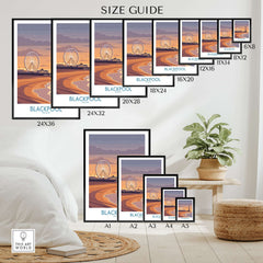 Blackpool England Tower and Wheel Art Print | Sunset Beach Resort Poster size guide with options and dimensions.